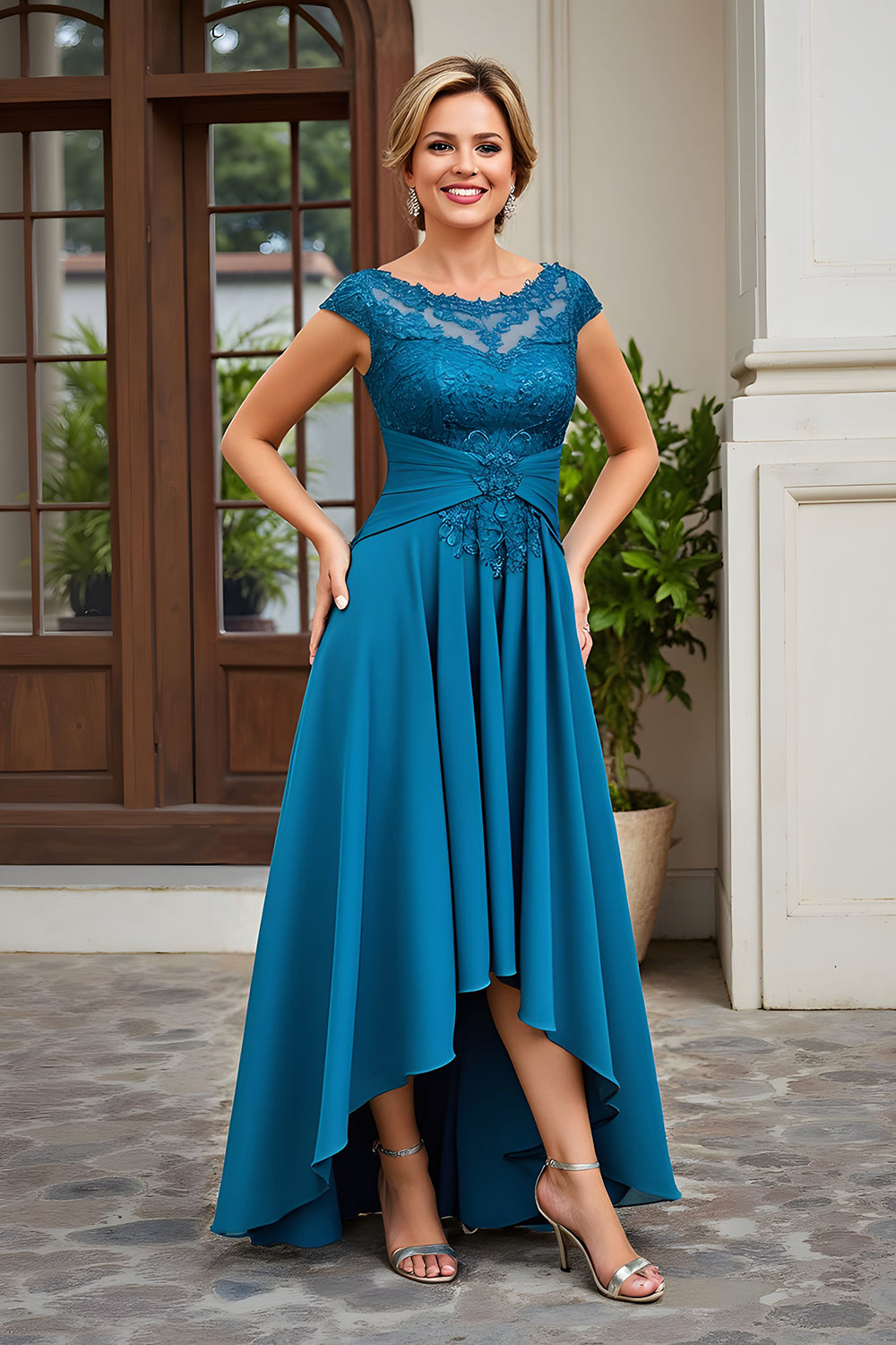 Leely Women Peacock Blue A Line Asymmetrical Mother of the Bride Dress with Lace Appliqued Chiffon Boat Neck Wedding Guest Dress with Sleeves