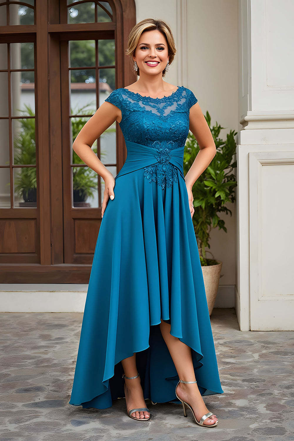 Leely Women Peacock Blue A Line Asymmetrical Mother of the Bride Dress with Lace Appliqued Chiffon Boat Neck Wedding Guest Dress with Sleeves