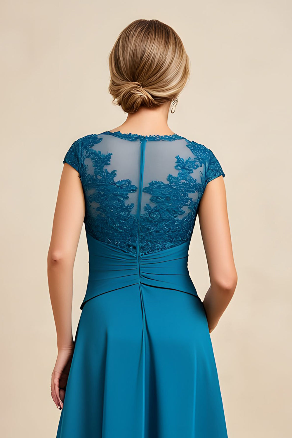 Peacock Blue A Line Chiffon Asymmetrical Mother of the Bride Dress with Lace