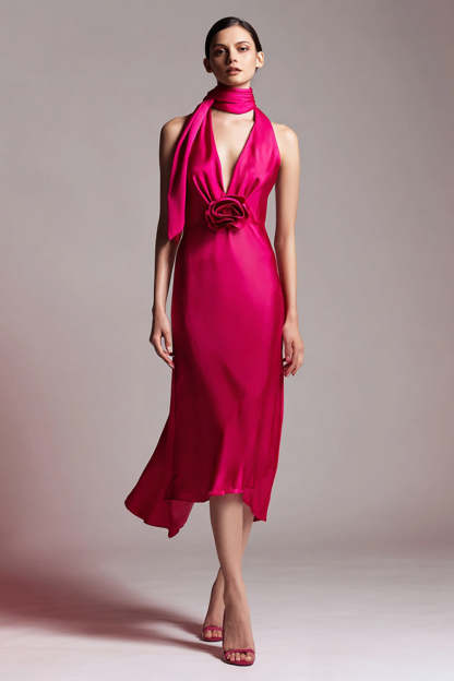 Leely Women Fuchsia Floral Sheath Midi Formal Dress Satin Neck Scarf Deep V-Neck Cocktail Dress