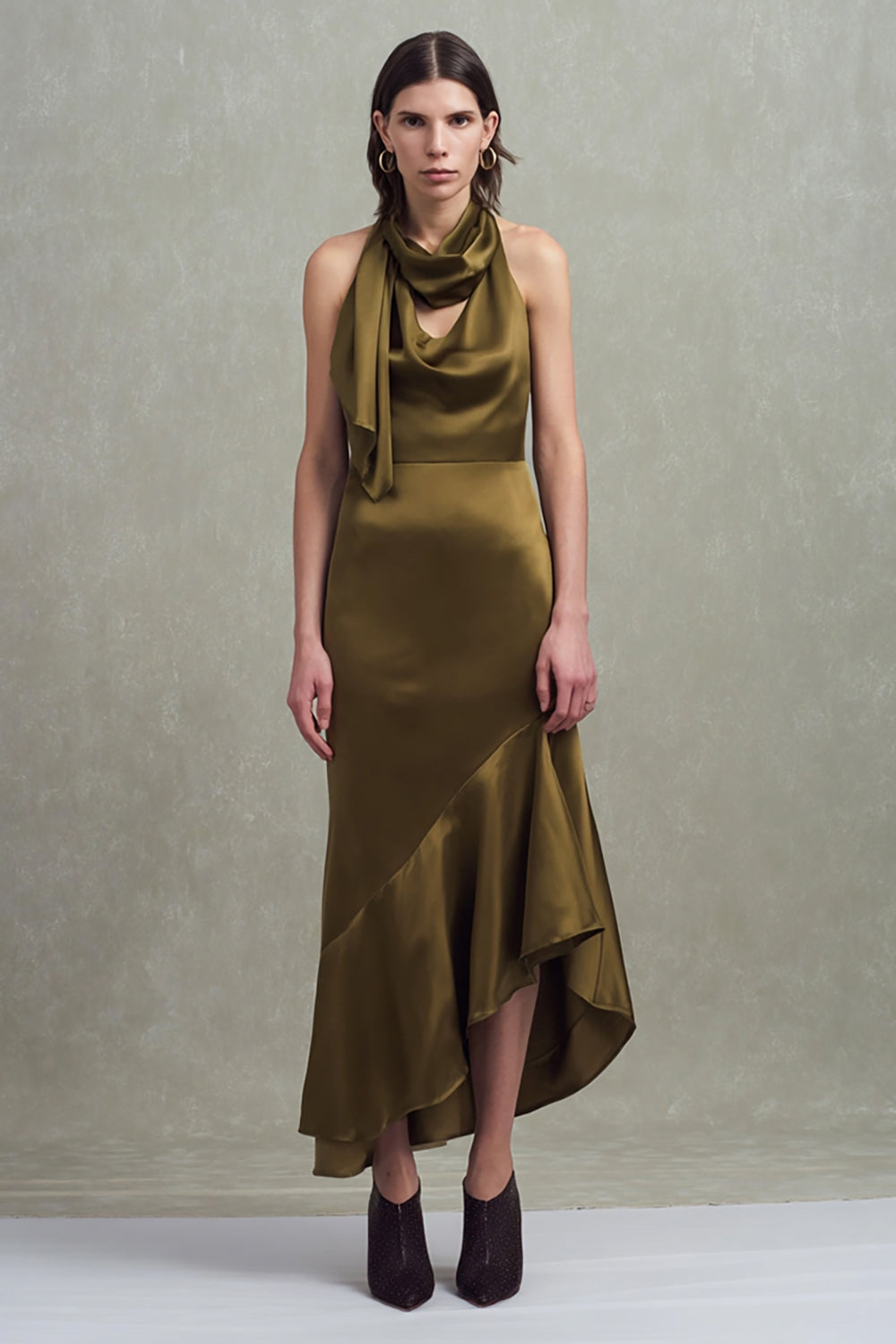 Leely Women Olive Satin Asymmetrical Sheath Formal Dress Neck Scarf Wedding Guest Dress with Ruffles