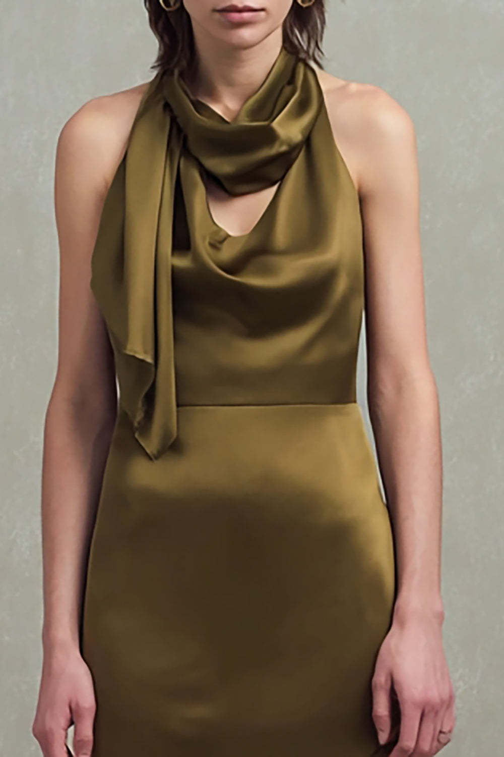 Satin Sheath Olive Neck Scarf Asymmetrical Formal Dress with Ruffles