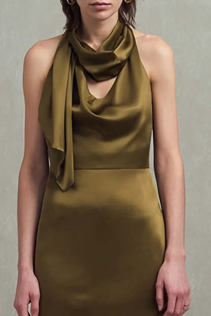 Satin Sheath Olive Neck Scarf Asymmetrical Formal Dress with Ruffles