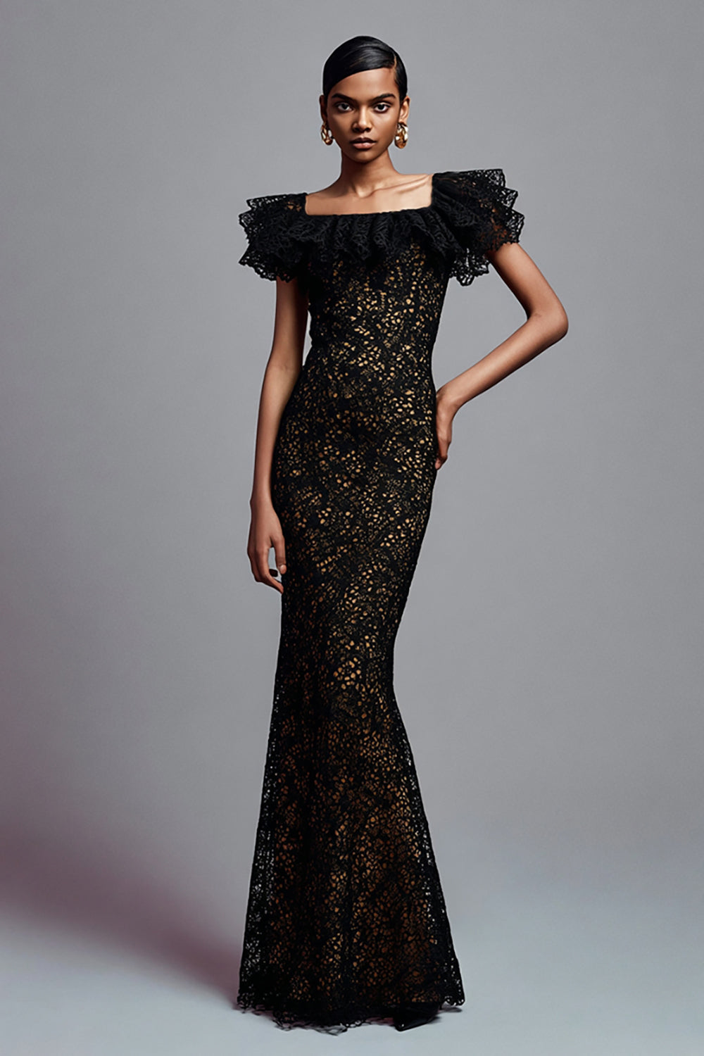Leely Women Black Lace Maxi Formal Dress with Ruffles Mermaid Square Neck Black Tie Dress with Sleeves