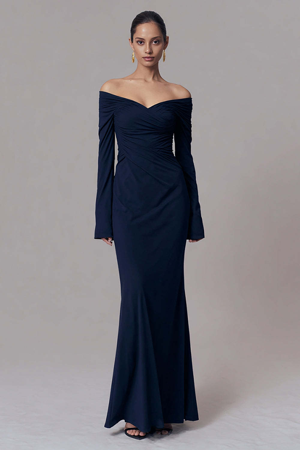 Leely Women Elegant Navy Mermaid Formal Dress Off the Shoulder Long Sleeves Ruched Evening Dress