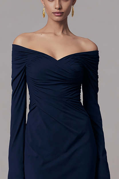 Elegant Navy Mermaid Ruched Long Sleeves Formal Dress