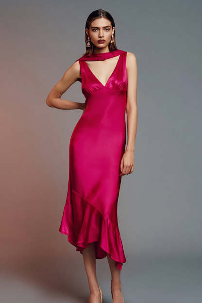 Leely Women Fuchsia Sheath Asymmetrical Formal Dress with Ruffles Neck Scarf Satin V-Neck Evening Dress