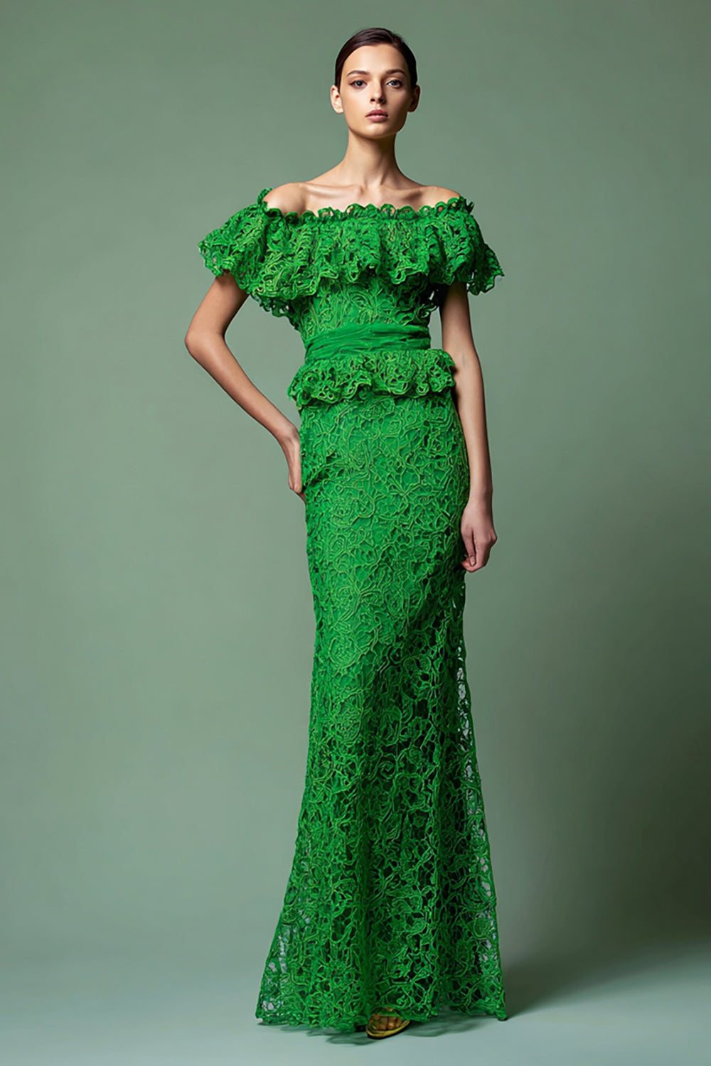 Green Off the Shoulder Lace Mermaid Maxi Formal Dress with Ruffles