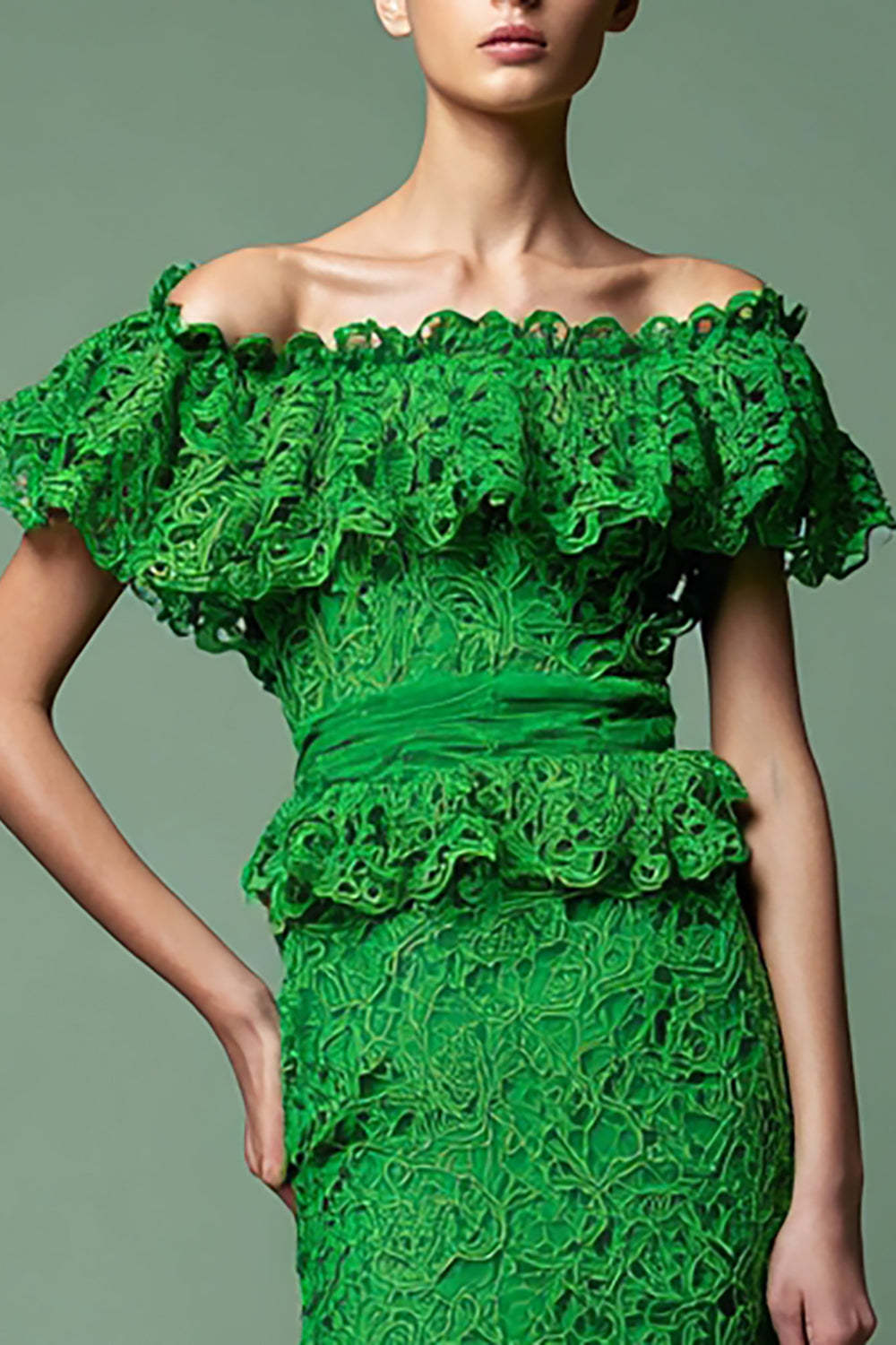 Green Off the Shoulder Lace Mermaid Maxi Formal Dress with Ruffles