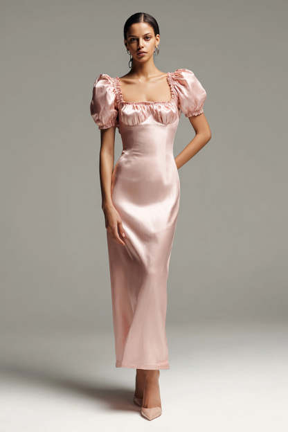 Leely Women Pink Satin Puff Sleeves Maxi Formal Dress Sheath Square Neck Ruched Evening Dress