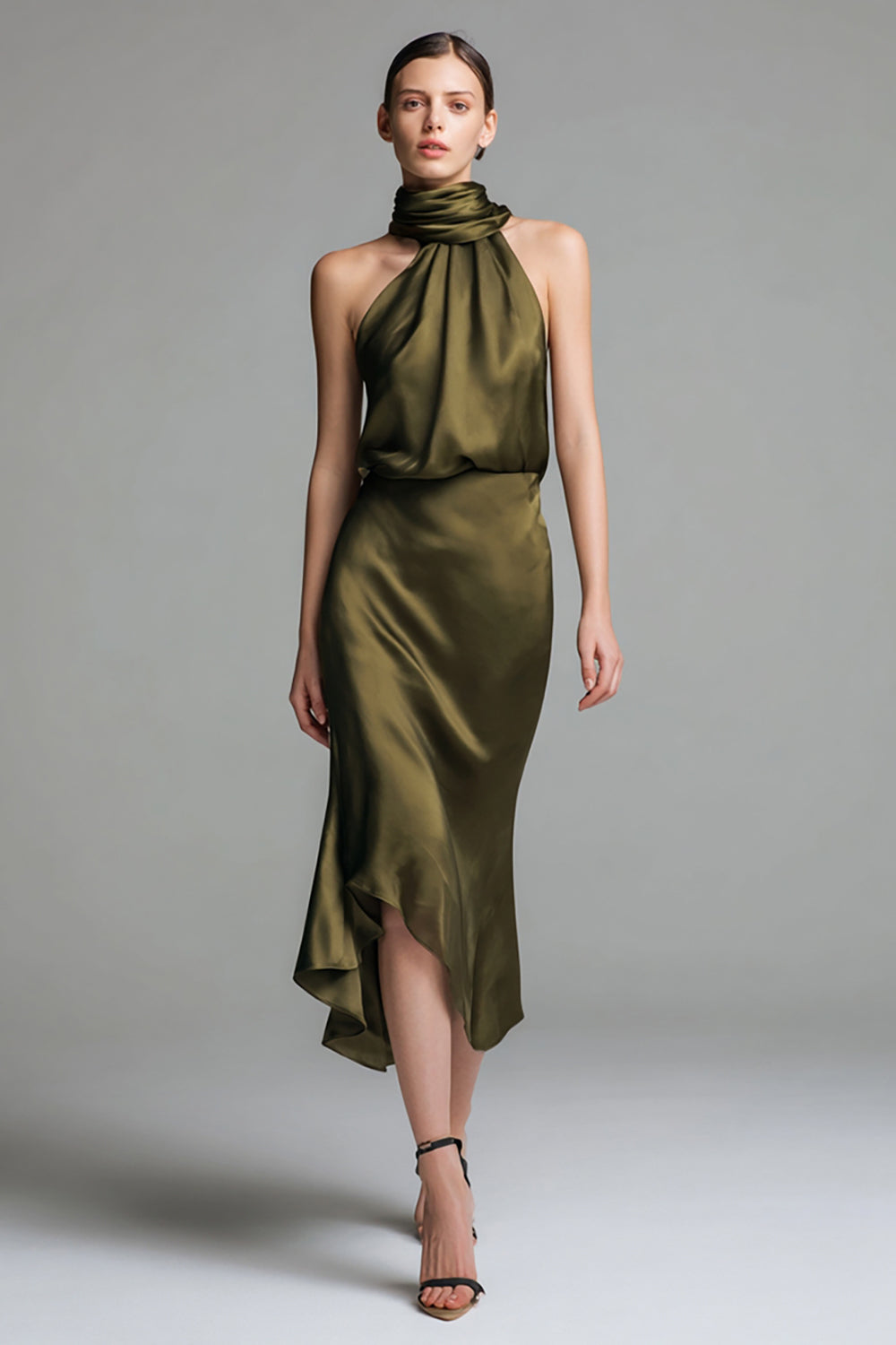Olive Sheath High Neck Asymmetrical Satin Formal Dress