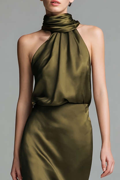 Olive Sheath High Neck Asymmetrical Satin Formal Dress