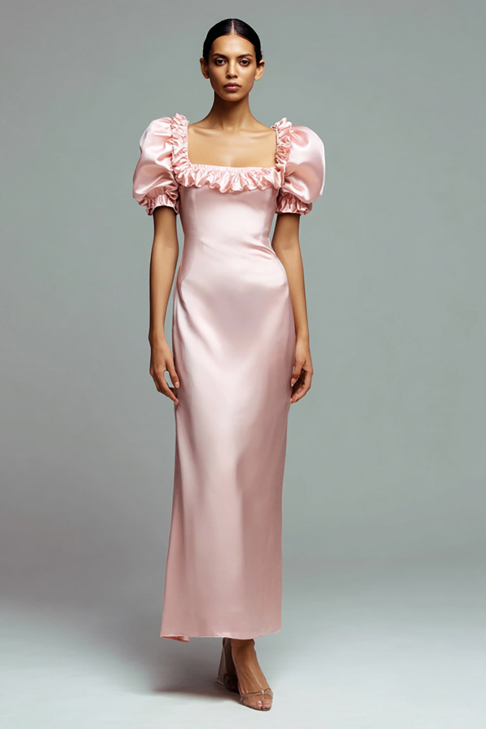 Pink Satin Square Neck Puff Sleeves Sheath Long Formal Dress with Ruffles