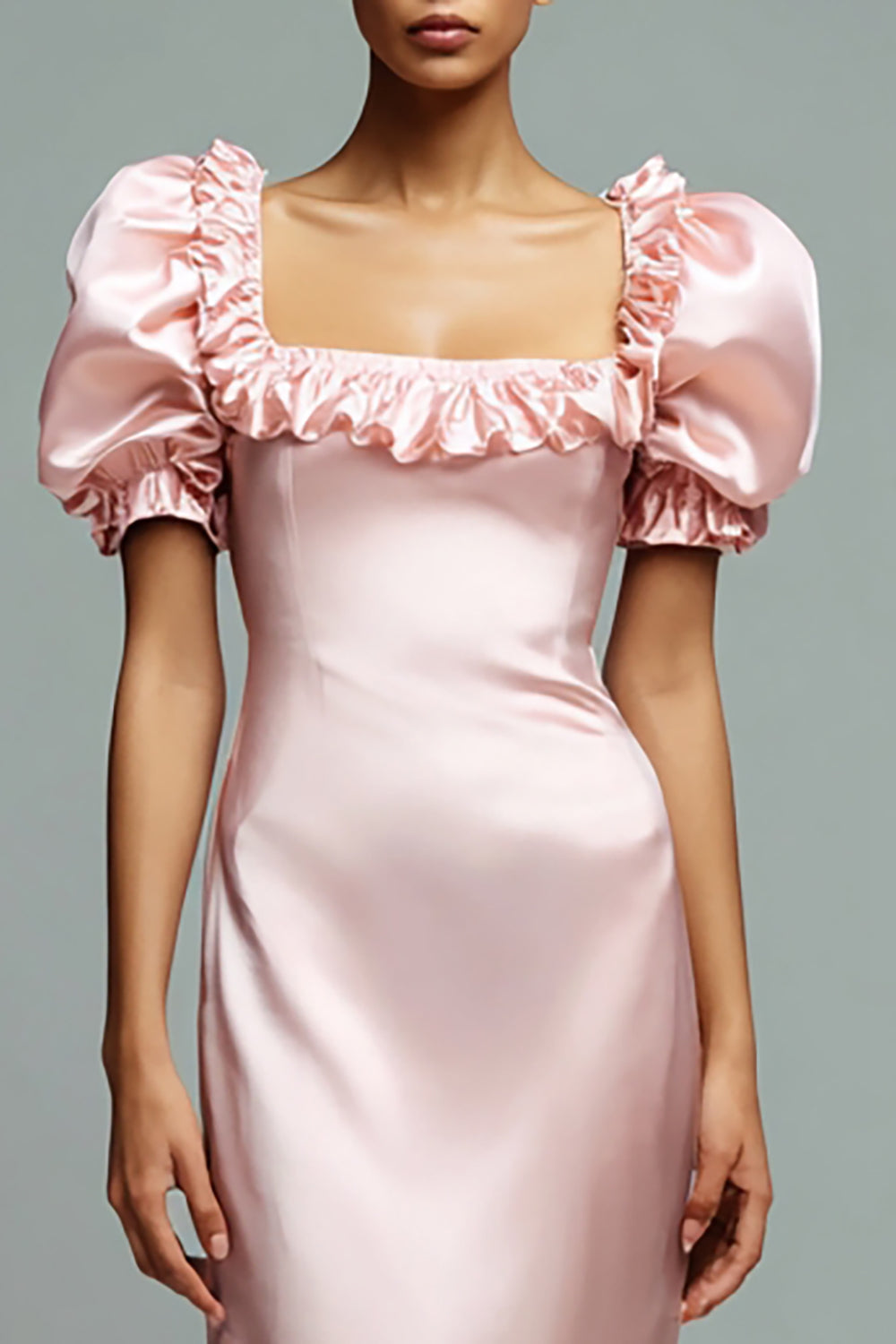 Pink Satin Square Neck Puff Sleeves Sheath Long Formal Dress with Ruffles