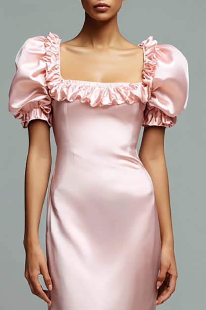Pink Satin Square Neck Puff Sleeves Sheath Long Formal Dress with Ruffles