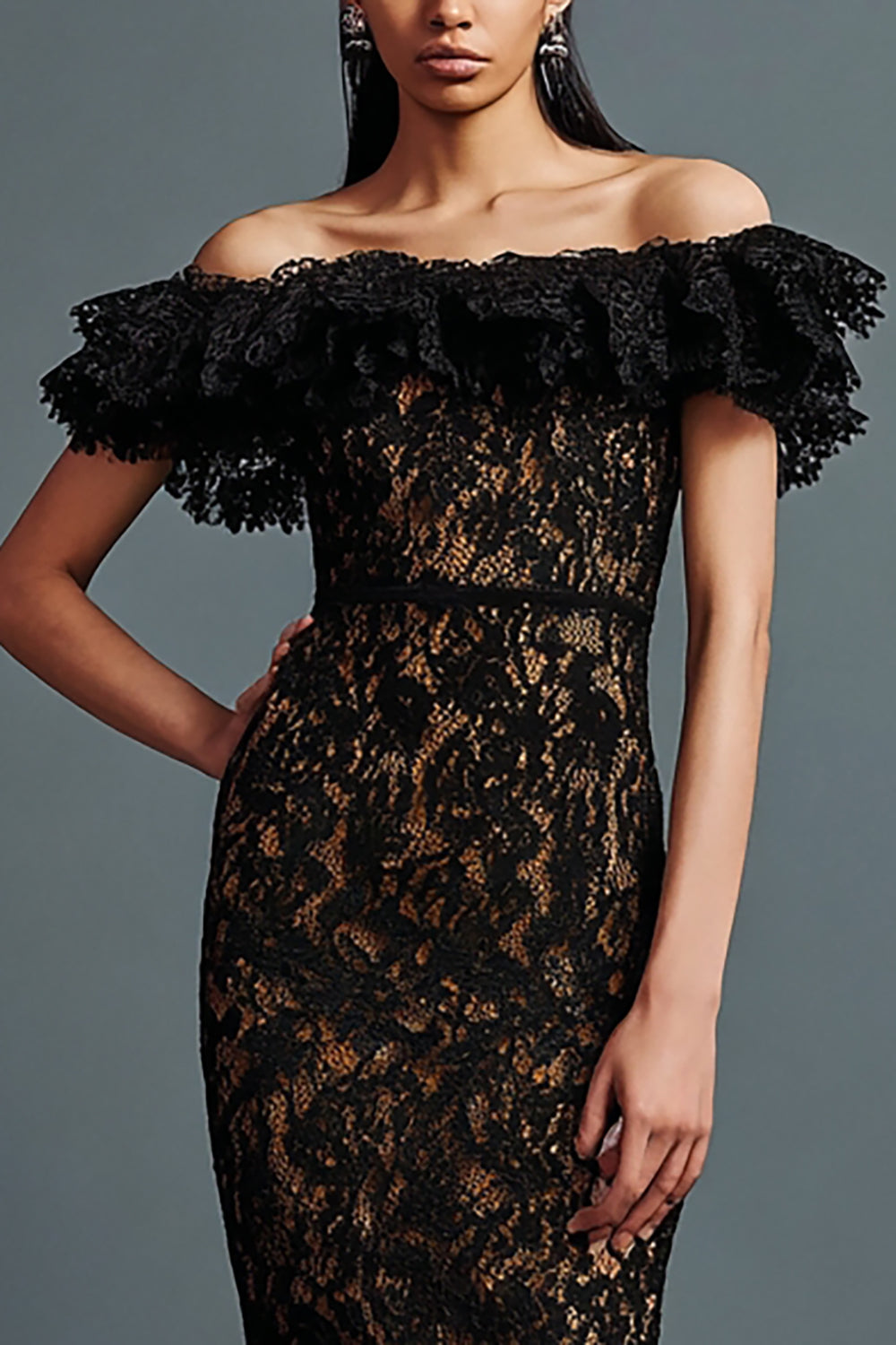 Black Mermaid Lace Maxi Off the Shoulder Formal Dress with Ruffles