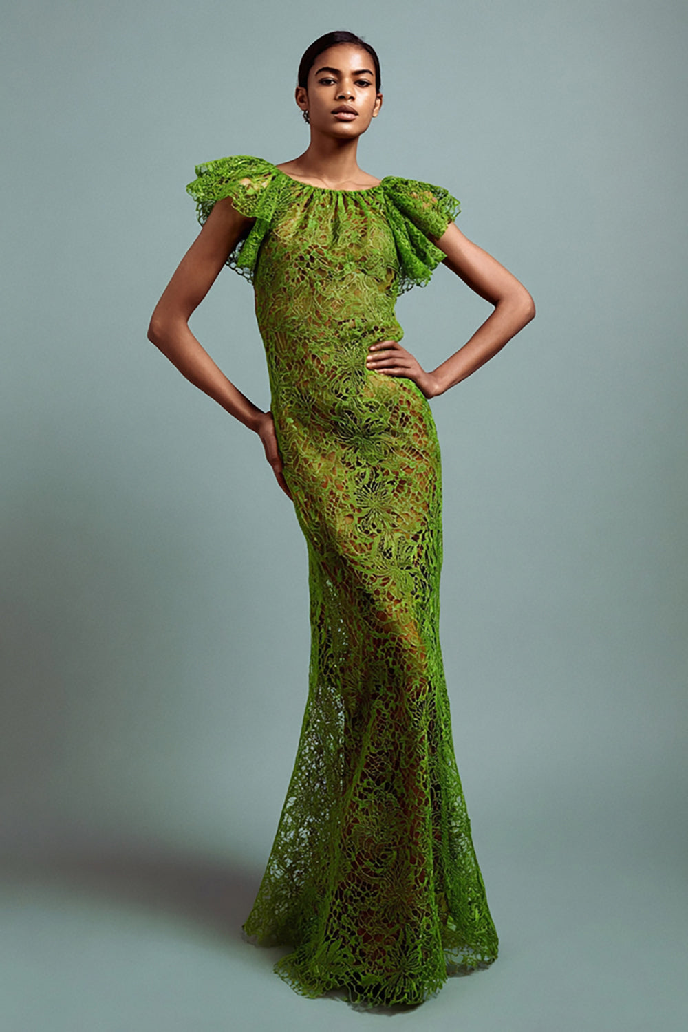 Maxi Green Lace Ruffled Mermaid Formal Dress