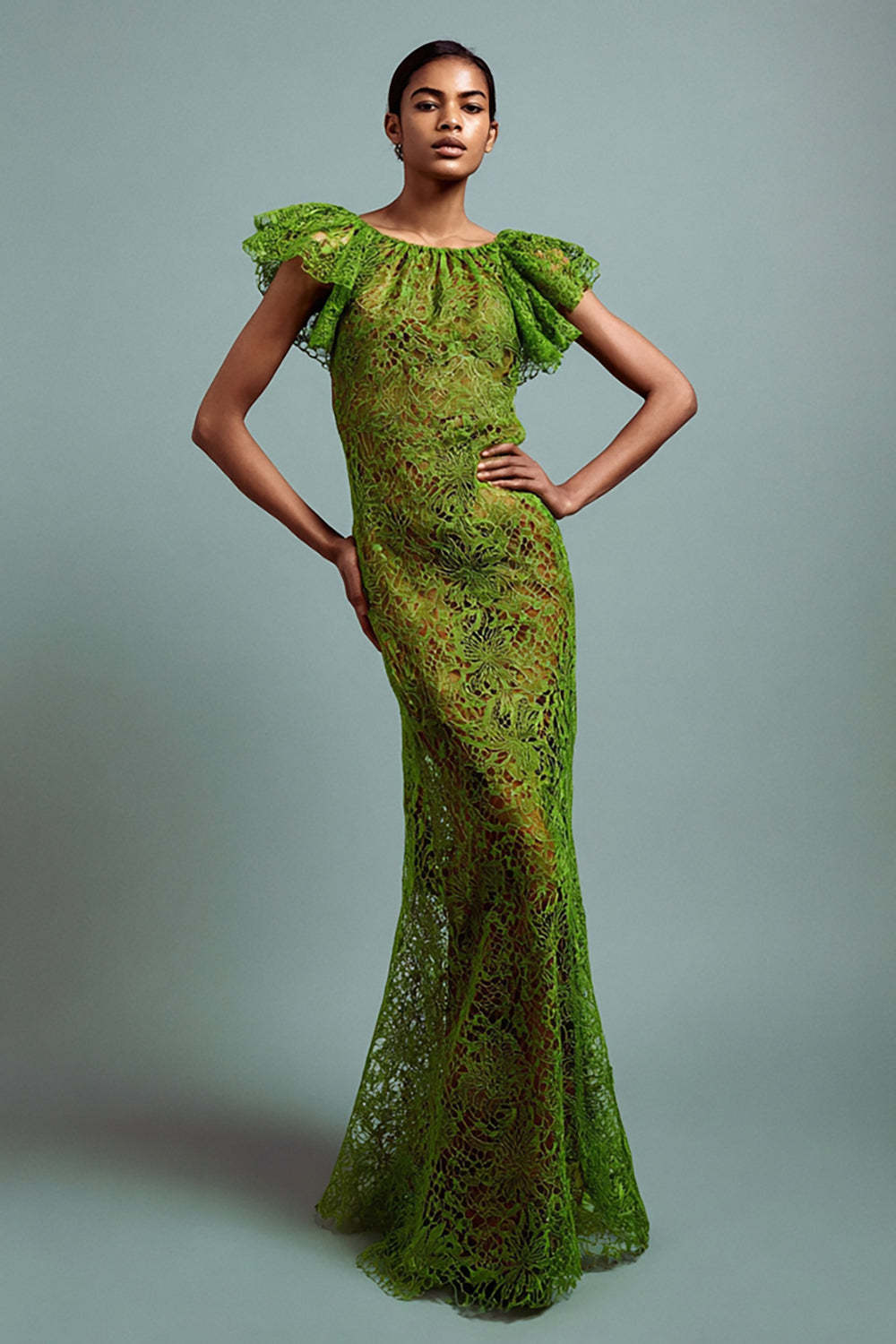Leely Women Green Lace Maxi Formal Dress with Ruffles Mermaid Round Neck Evening Dress