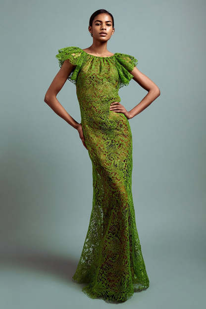 Leely Women Green Lace Maxi Formal Dress with Ruffles Mermaid Round Neck Evening Dress