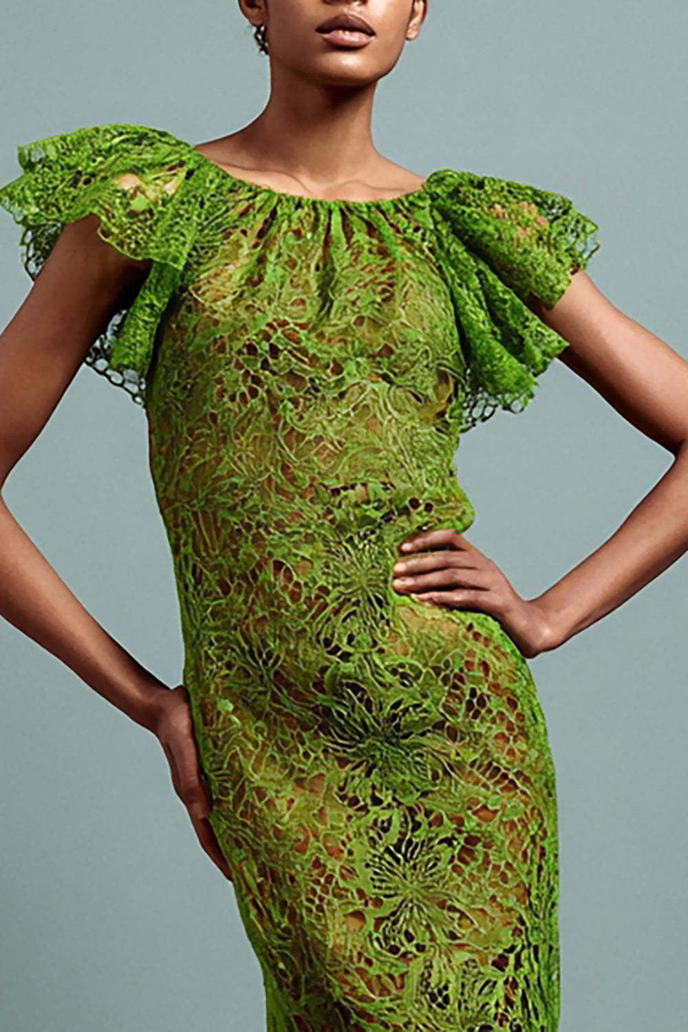 Maxi Green Lace Ruffled Mermaid Formal Dress