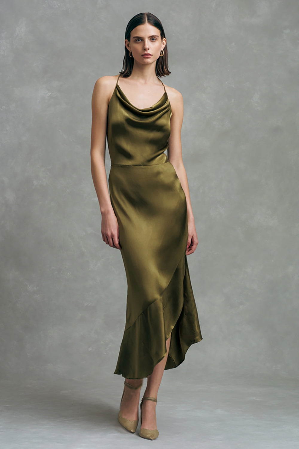Olive Satin Cowl Neck Sheath Maxi Formal Dress with Ruffles