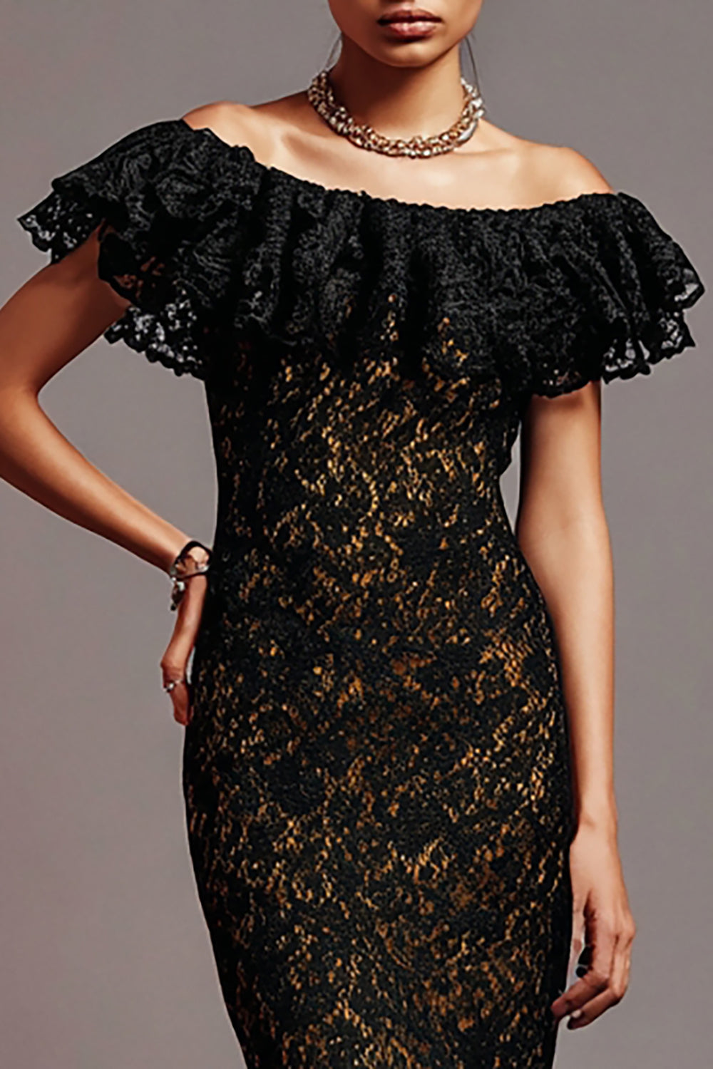 Black Off the Shoulder Mermaid Maxi Lace Formal Dress with Ruffles