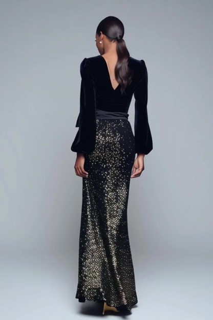 Sparkly Black Sequined V-Neck Mermaid Maxi Holiday Party Dress with Bow