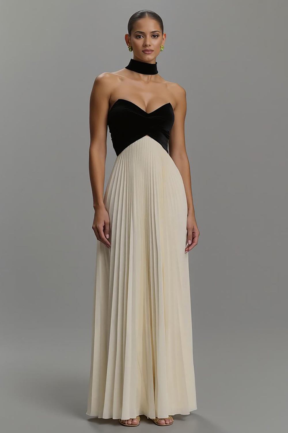 Black and White Strapless Neck Scarf Maxi Pleated Formal Dress