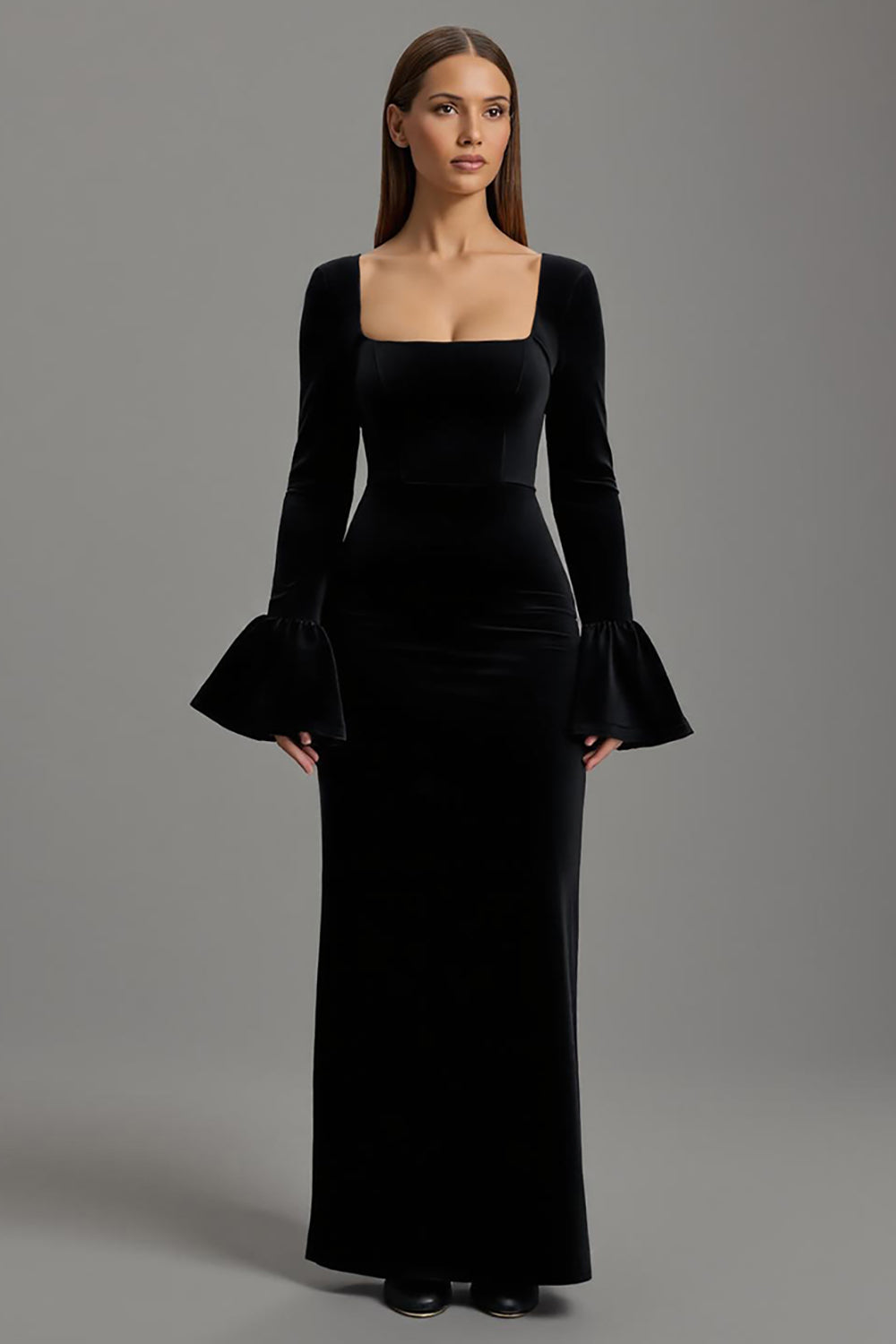 Maxi Black Velvet Sheath Square Neck Formal Dress with Sleeves