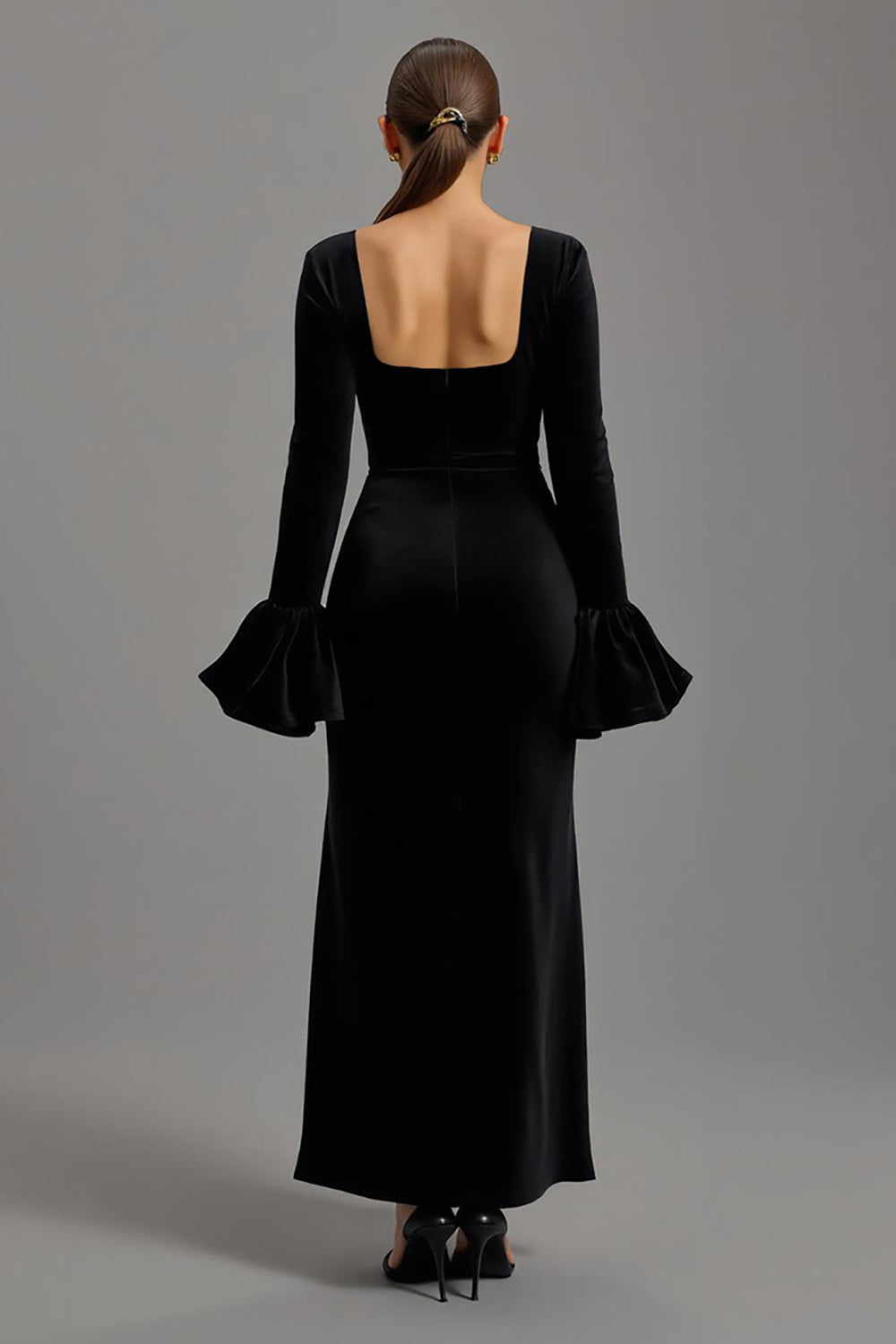 Maxi Black Velvet Sheath Square Neck Formal Dress with Sleeves