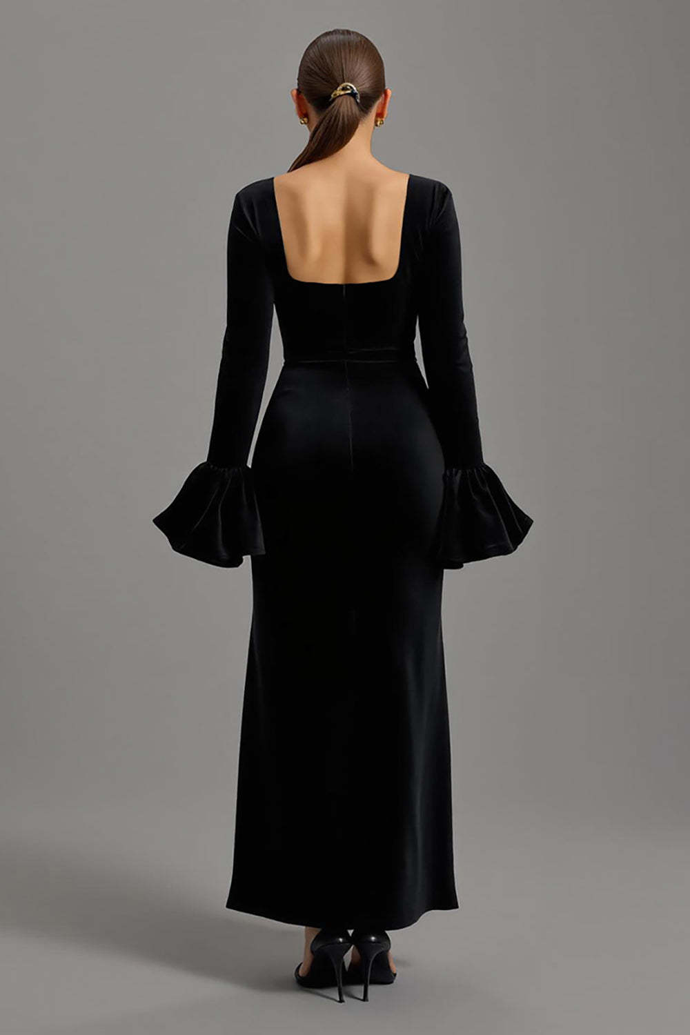 Maxi Black Velvet Sheath Square Neck Formal Dress with Sleeves