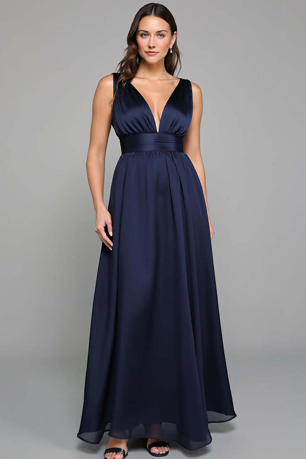 Leely Women Navy Maxi Formal Dress Deep V Neck Empire Waist A Line Evening Dress
