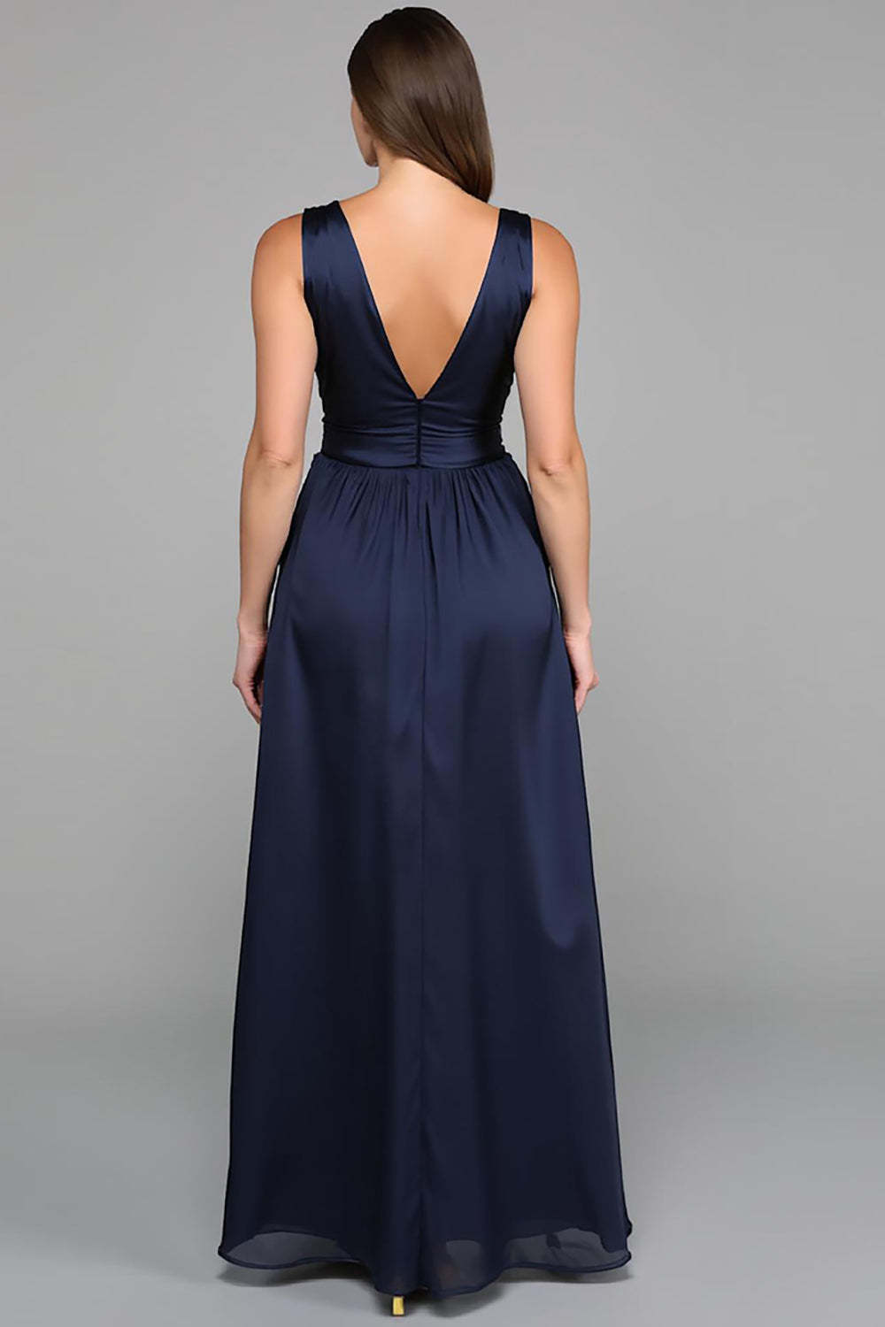 Navy A Line Deep V Neck Empire Waist Maxi Formal Dress