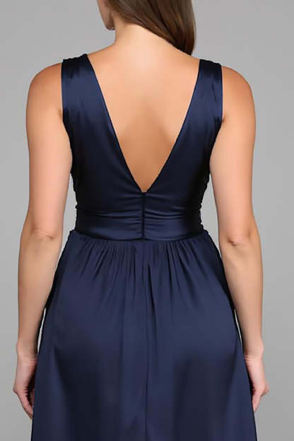 Navy A Line Deep V Neck Empire Waist Maxi Formal Dress