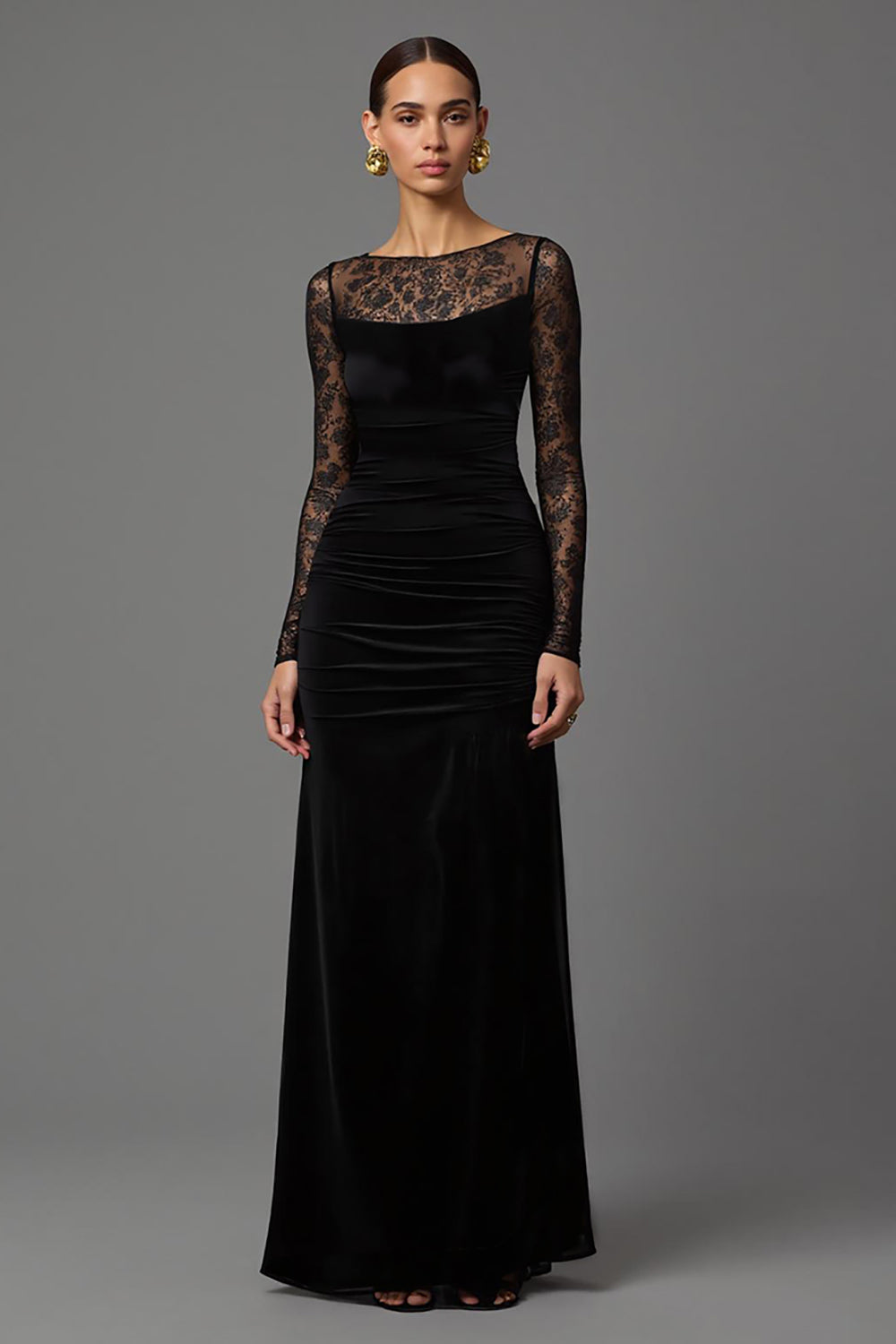 Black Sheath Velvet Illusion Neck Maxi Formal Dress with Lace