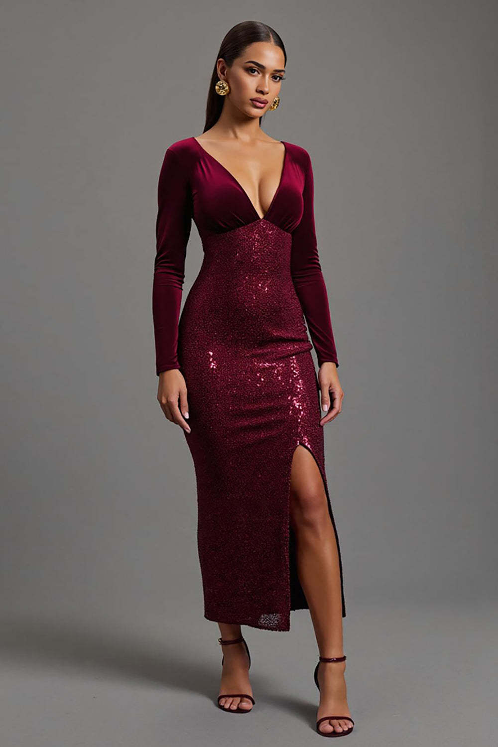 Leely Women Sparkly Burgundy Sheath Formal Dress with Slit Sequins Velvet V Neck Long Sleeves Holiday Party Dress