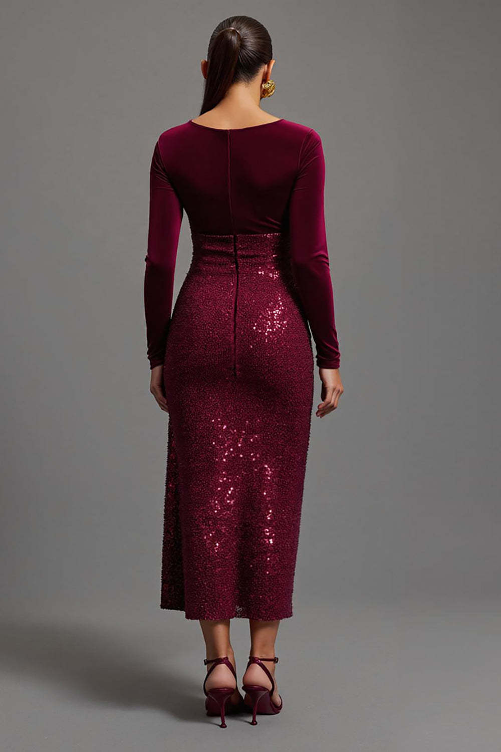Burgundy Sheath Sparkly Sequins Long Sleeves Formal Dress with Slit