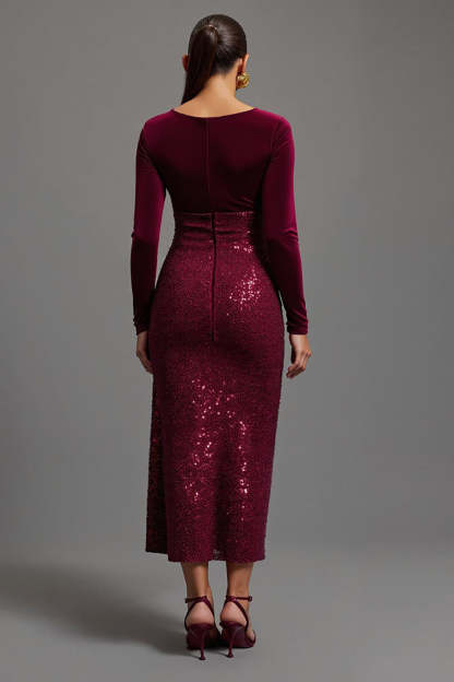 Burgundy Sheath Sparkly Sequins Long Sleeves Formal Dress with Slit