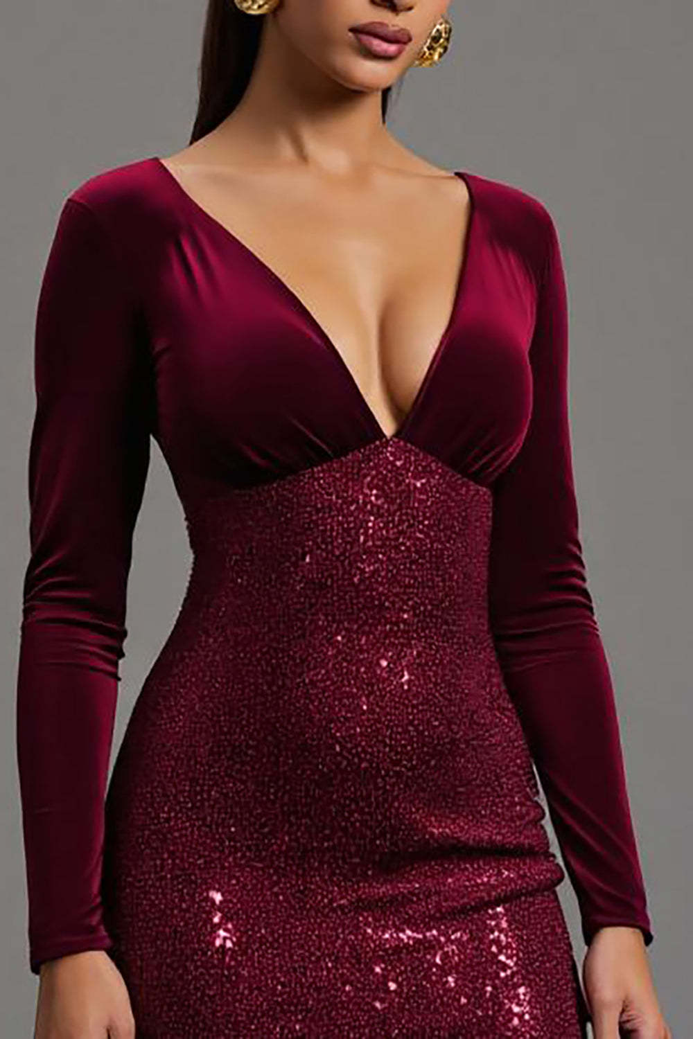 Burgundy Sheath Sparkly Sequins Long Sleeves Formal Dress with Slit