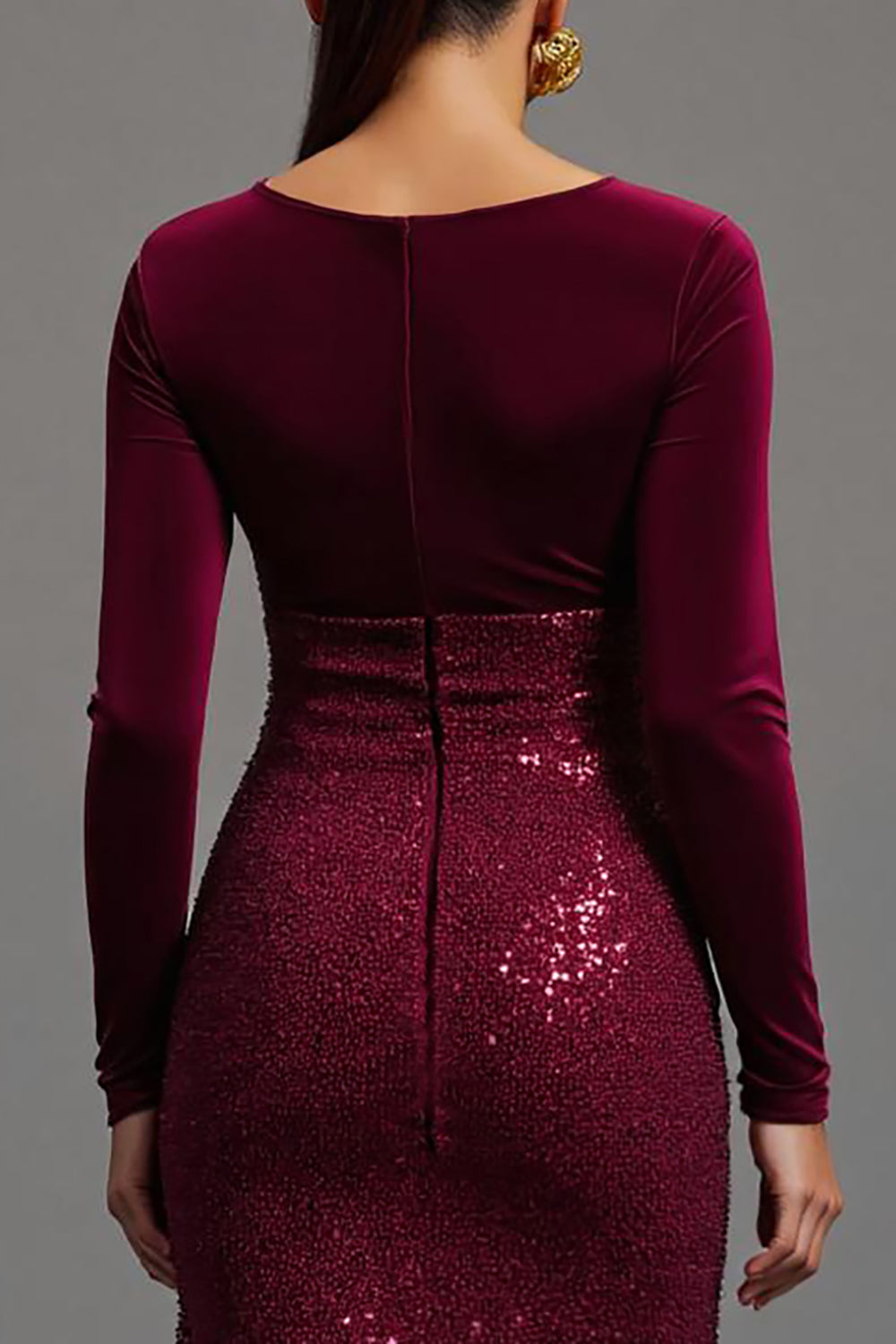 Burgundy Sheath Sparkly Sequins Long Sleeves Formal Dress with Slit