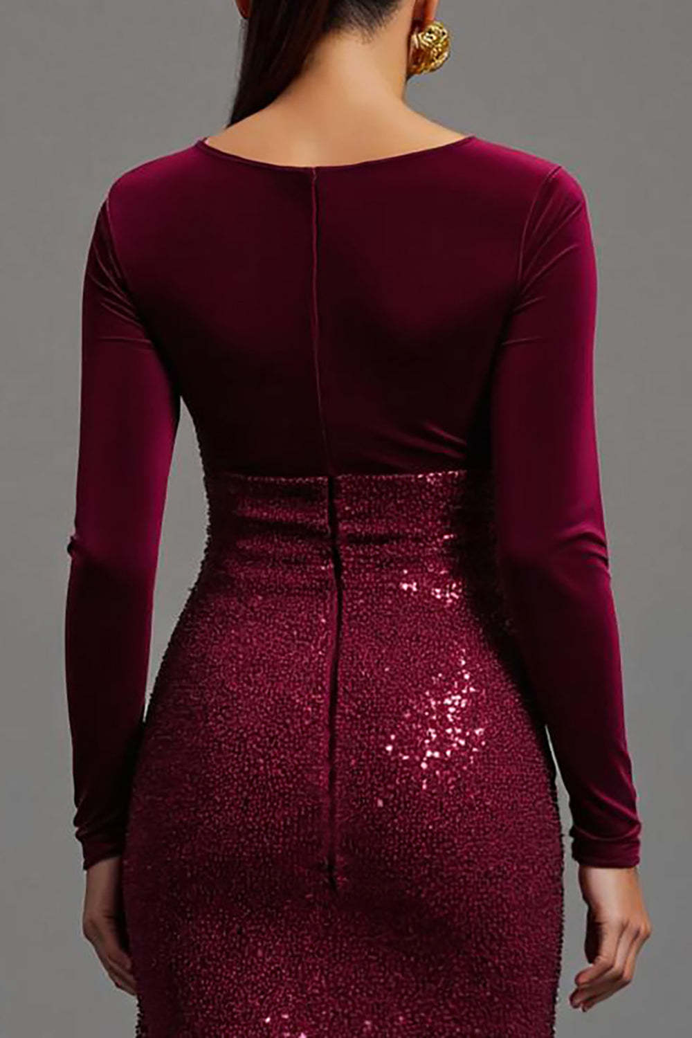 Burgundy Sheath Sparkly Sequins Long Sleeves Formal Dress with Slit