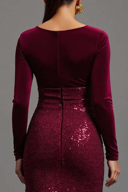 Burgundy Sheath Sparkly Sequins Long Sleeves Formal Dress with Slit