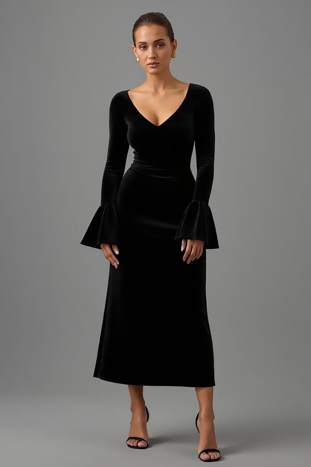 Black Sheath Velvet V Neck Maxi Formal Dress with Sleeves
