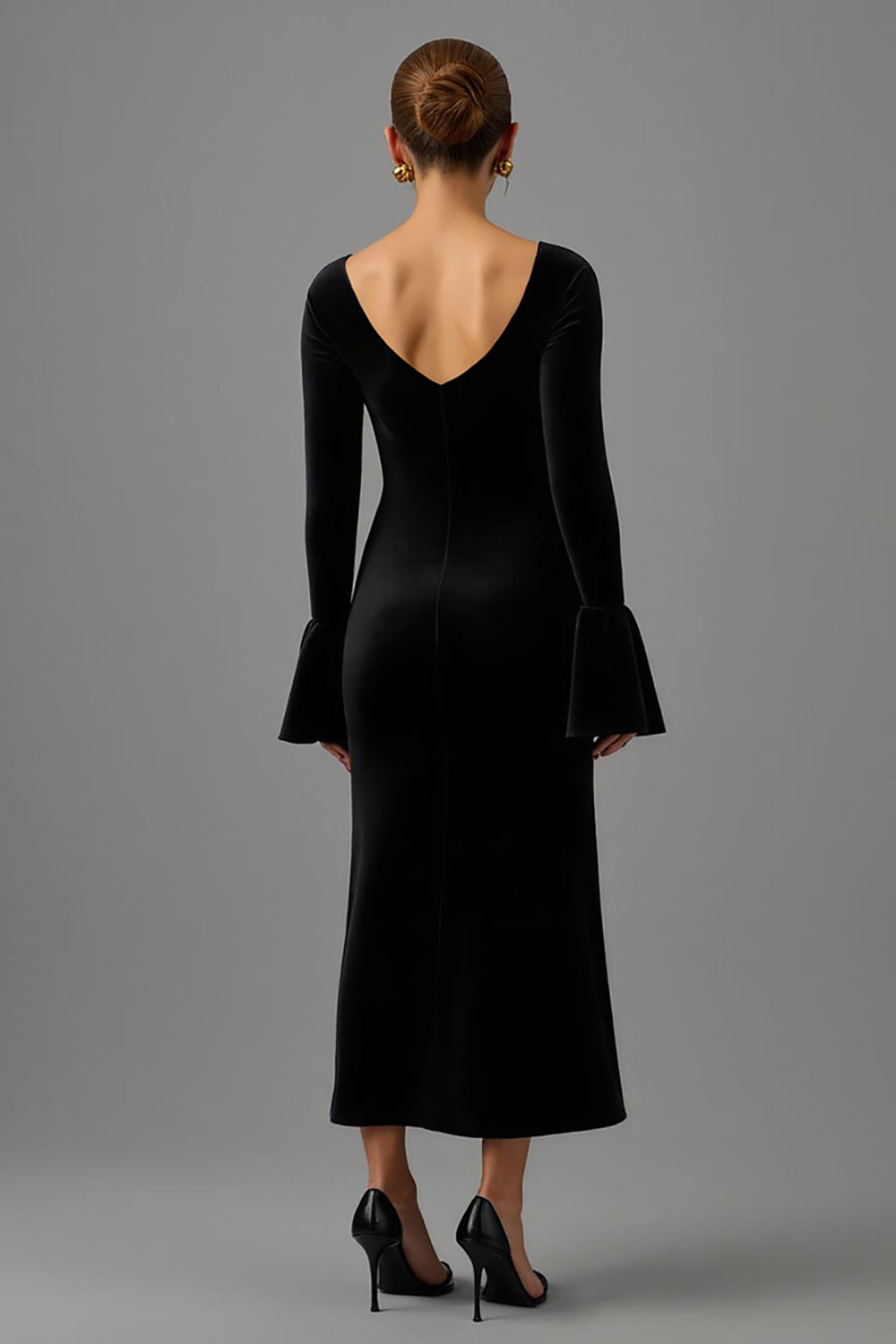 Black Sheath Velvet V Neck Maxi Formal Dress with Sleeves