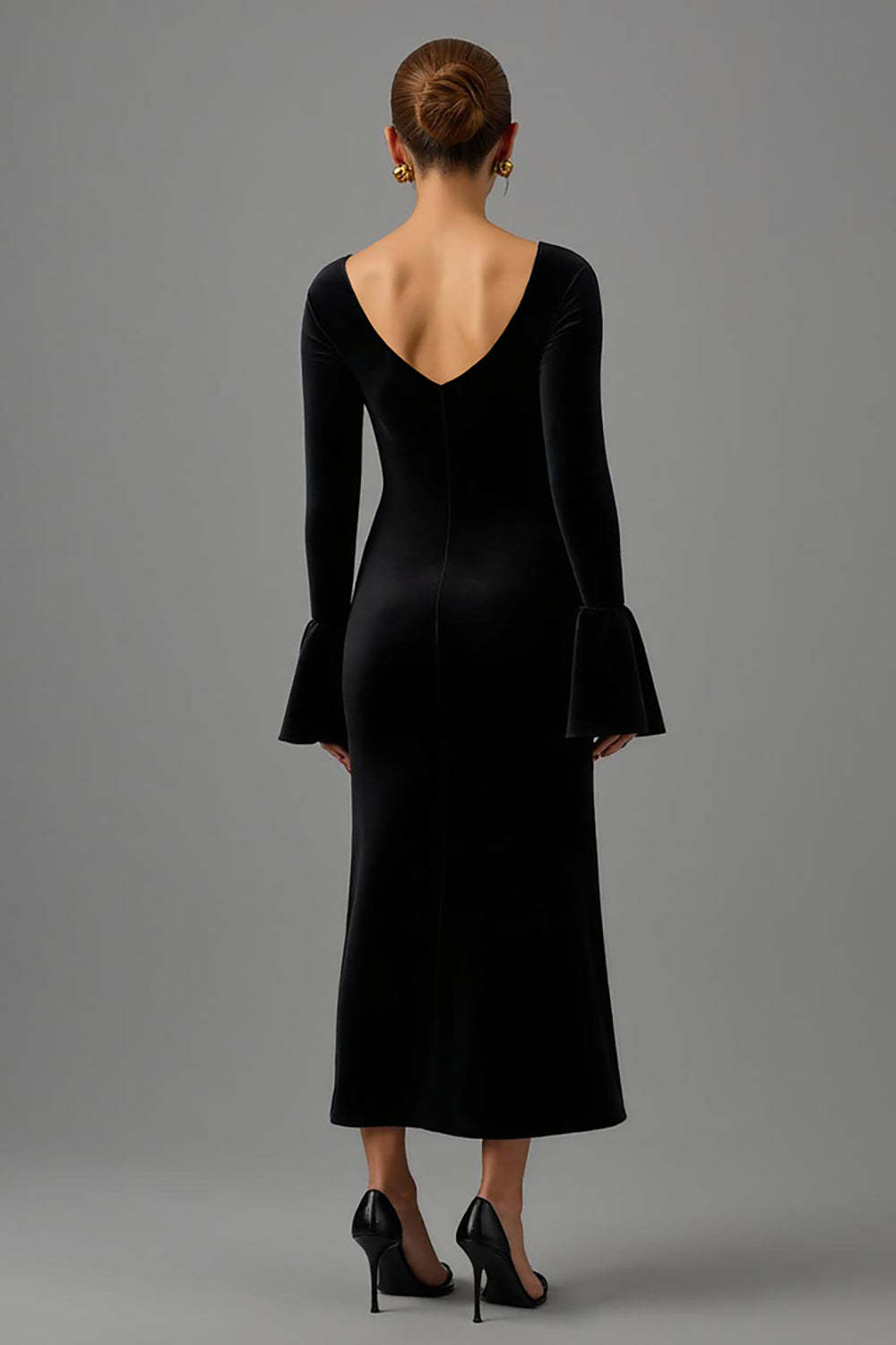 Black Sheath Velvet V Neck Maxi Formal Dress with Sleeves