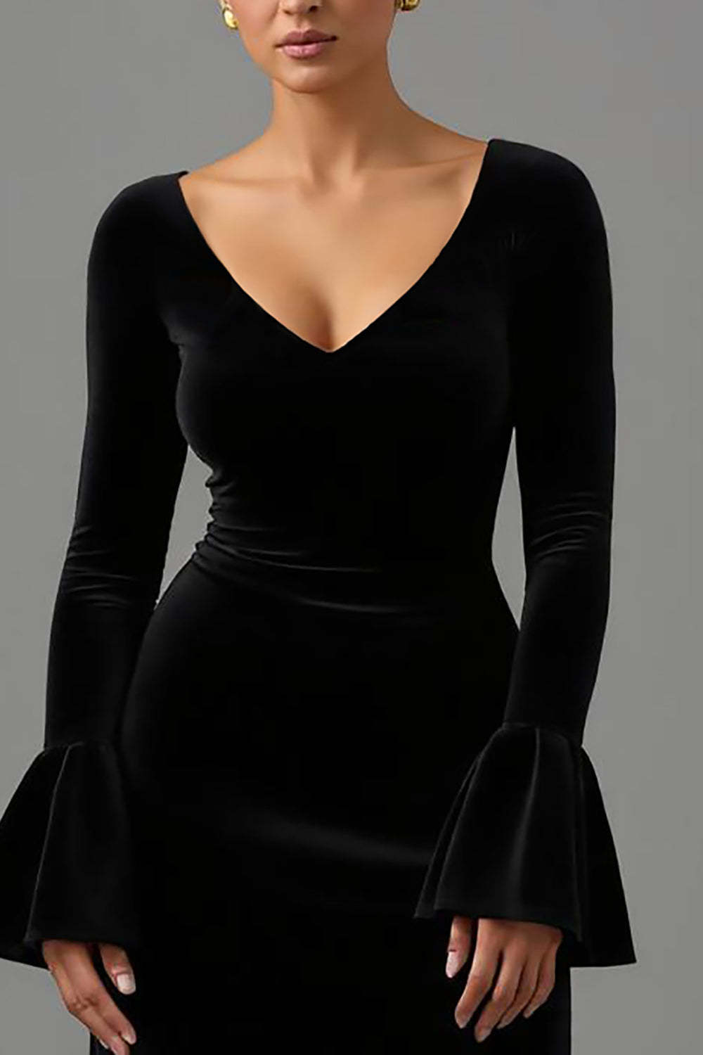 Black Sheath Velvet V Neck Maxi Formal Dress with Sleeves