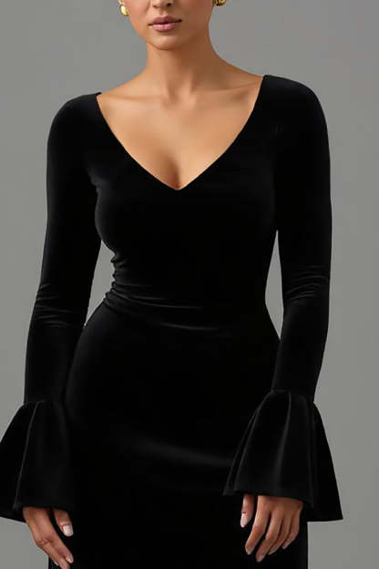 Black Sheath Velvet V Neck Maxi Formal Dress with Sleeves
