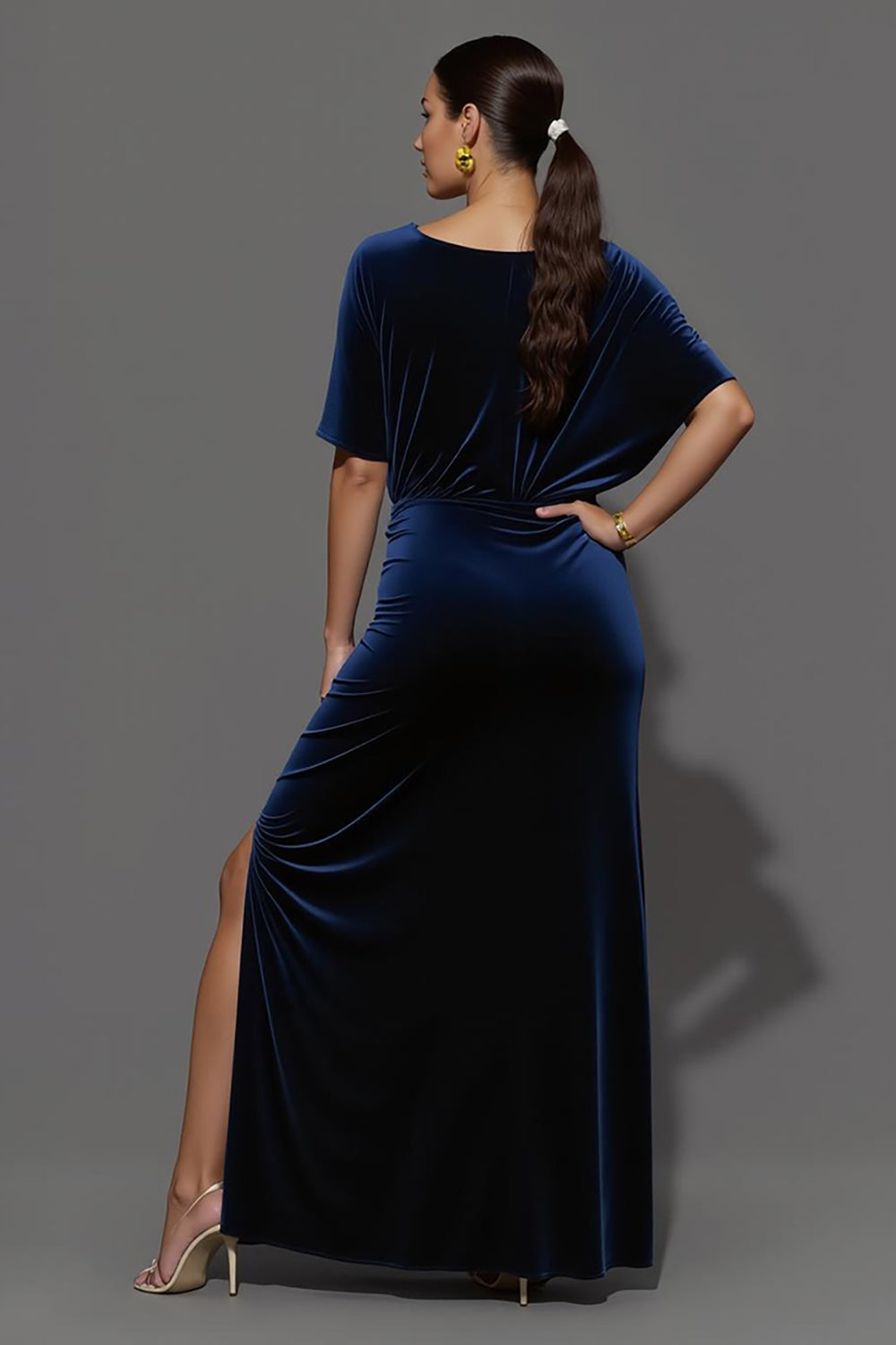 Navy Sheath Velvet Boat Neck Maxi Ruched Formal Dress with Slit