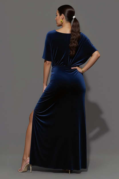 Navy Sheath Velvet Boat Neck Maxi Ruched Formal Dress with Slit