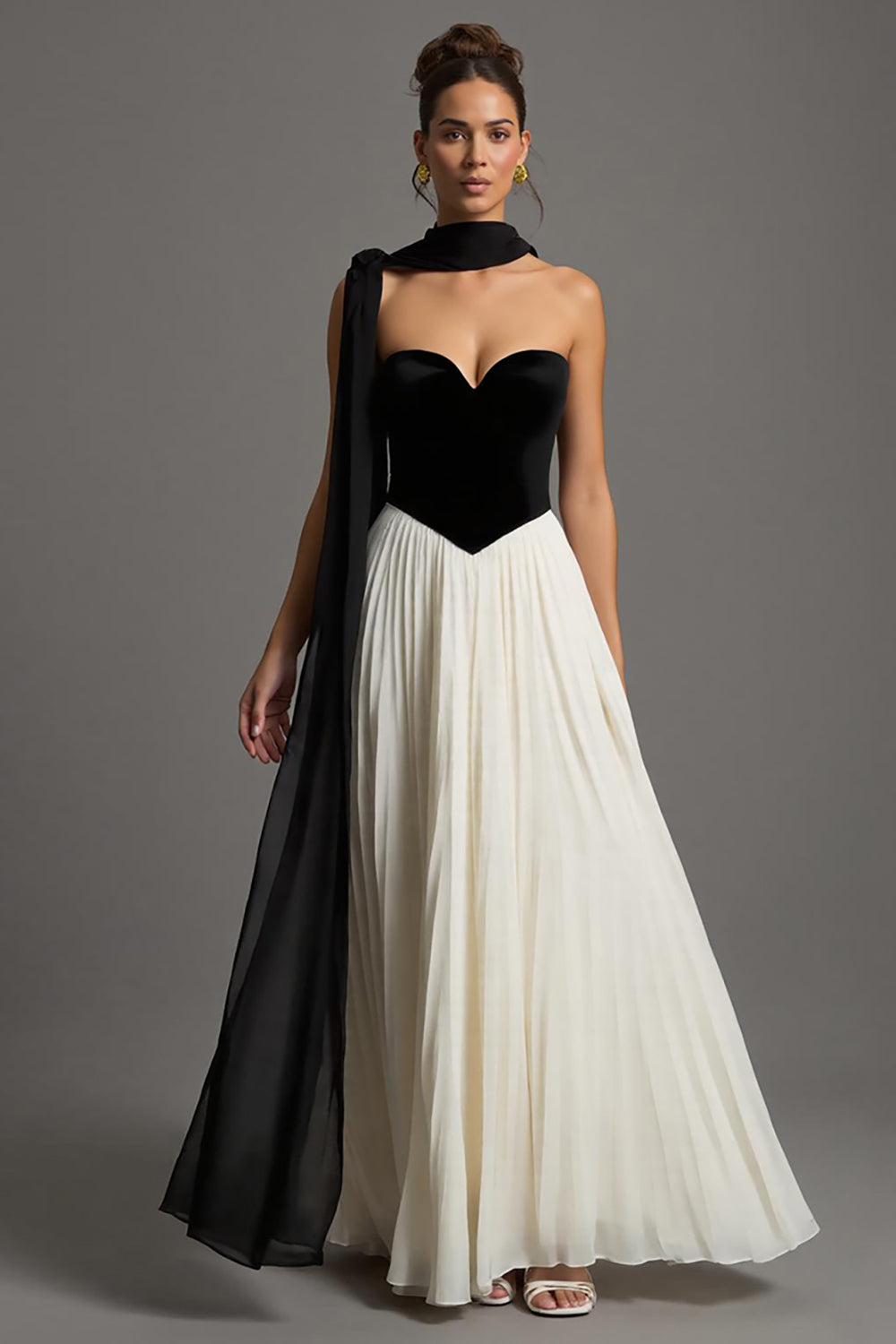 Black and White Chiffon A Line Neck Scarf Pleated Maxi Formal Dress